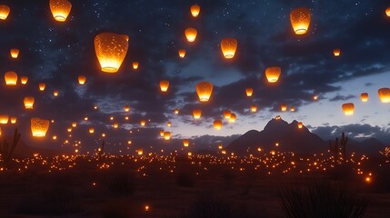 A serene night scene filled with glowing lanterns illuminating a desert landscape.