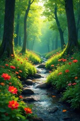 Forest scene with vibrant wildflowers and a serene stream flowing through the underbrush, wildflowers, greenery, stream