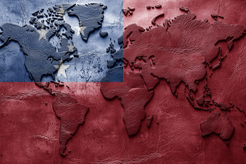 Fototapeta premium Flag of Samoa on the ancient leather old world map . Adventure concept. Macro shot. Generative Ai