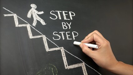 Conceptual illustration of a step-by-step ascent to success, hand drawing on blackboard. Motivation, progress.
