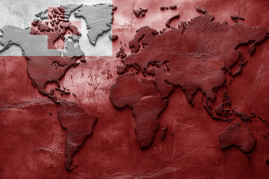 Flag of Tonga on the ancient leather old world map . Adventure concept. Macro shot. Generative Ai