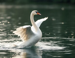 Naklejka premium Swan Flapping Wings on Lake Water at Sunset
