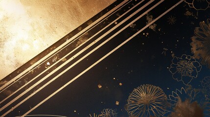 Gold lines on dark floral background with grunge texture and light