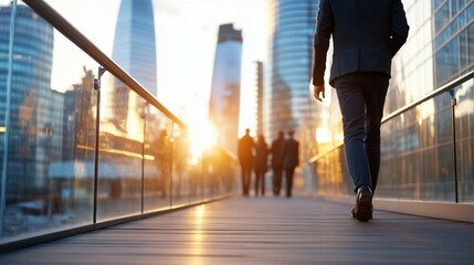 Businessman walking city sunset commute