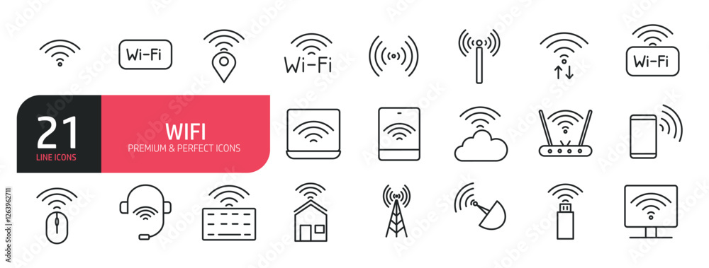 Fototapete set of line icons related to signal, wireless, internet, computer, wifi router. outline icons collec