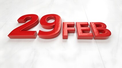 Red 3D "29 FEB" text on a white tiled surface, representing February 29th in a leap year date.