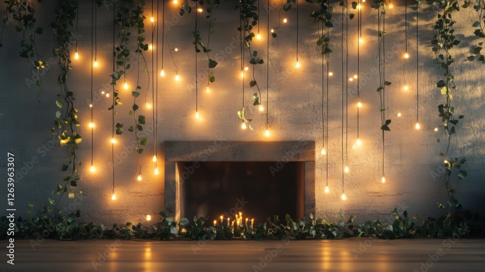 Poster Decorative cozy fireplace adorned with fairy lights and greenery creates an inviting atmosphere in a modern interior setting. Generative AI