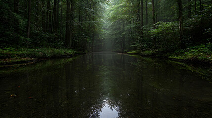 Obraz premium Serene forest stream, misty morning, tranquil reflection, nature wallpaper