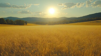 Golden wheat field under a bright sunset with distant mountains and clear blue sky