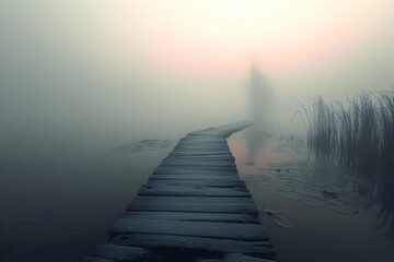 Obraz premium Mysterious wooden path stretching into a misty lake at dawn, an ethereal figure appears in the distance. Perfect for fantasy, mystery, or suspense themes.