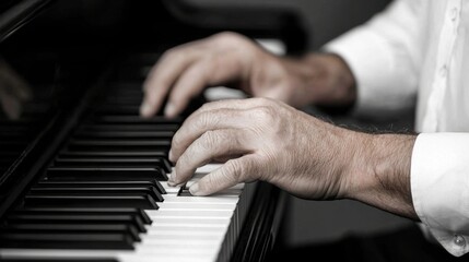 Fototapeta premium Moody black and white portrait capturing the expressive hands of a talented pianist performing on a grand piano The dramatic lighting and contrast create a captivating