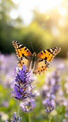Obraz premium Butterfly on lavender, sunny garden, nature