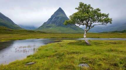 Fototapeta premium Misty Highland Landscape with Lone Tree