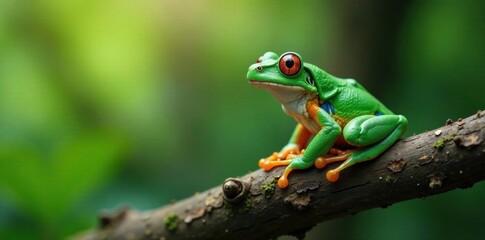 Naklejka premium Frog perched on a tree branch , forest, branch, outdoors