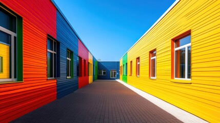 Obraz premium Colorful school corridor, sunny day, education, vibrant facade