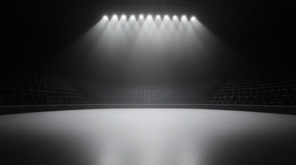 dimly lit empty stadium with spotlight beams illuminating center stage, creating dramatic atmosphere. rows of seats are unoccupied, enhancing sense of anticipation