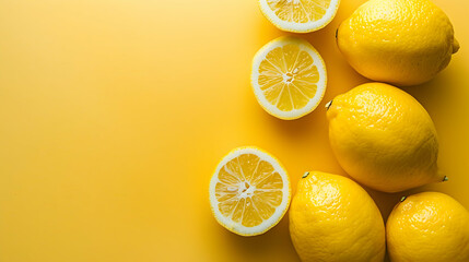 Fresh lemons arranged on a vibrant yellow background, showcasing their juicy interior and bright color