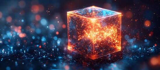 Obraz premium Glowing cube surrounded by vibrant particles in a futuristic digital environment