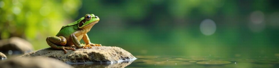 Frog sitting on a rock near a lake during summer, greenery, serene scene
