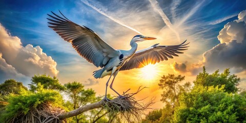 Obraz premium Great Gray Heron Taking Flight, Panoramic Bird Photography, Wildlife Nature Scene, Avian Panorama