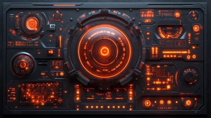 Obraz premium Futuristic control panel glowing orange, dark background, sci-fi interface