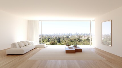 Modern Minimalist Living Room, City View, Interior Design, Home Decor, Empty