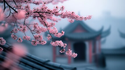 Beautiful cherry blossom flower and vintage building in Spring.