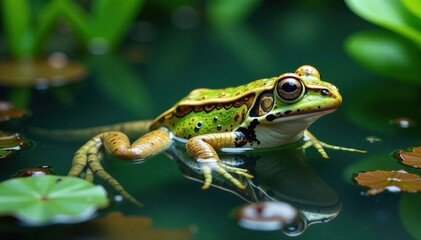 Fototapeta premium Frog swimming in the water, surrounded by aquatic plants, underwater, scene, natural