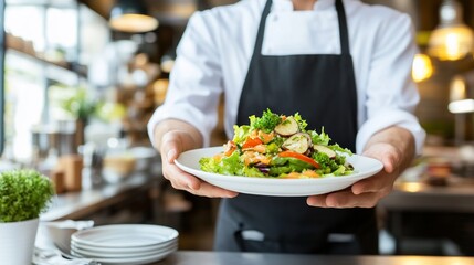 Chef presenting fresh salad, restaurant kitchen