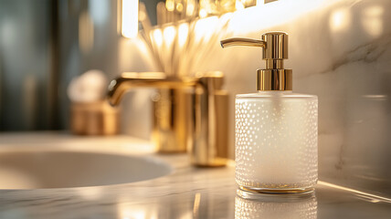 ラグジュアリーな光に照らされたハンドソープとディスペンサー