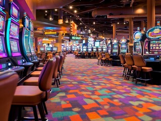 Casino floor, slot machines, vibrant carpet, gaming