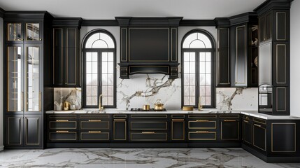 Luxury black gold kitchen interior design, marble, windows, home decor, real estate