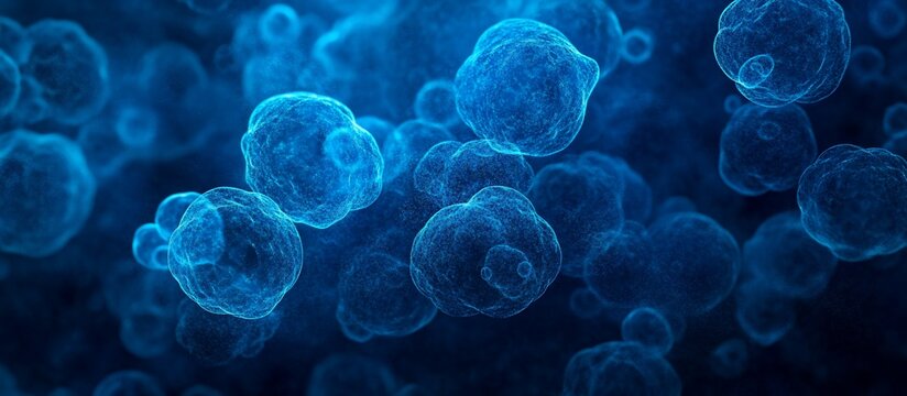 Close-up view of microscopic cells in vibrant blue hues, showcasing intricate details and textures