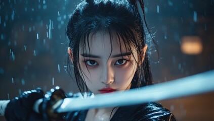 Rain-Soaked Warrior: A Cinematic Portrait of a Female Swordsman