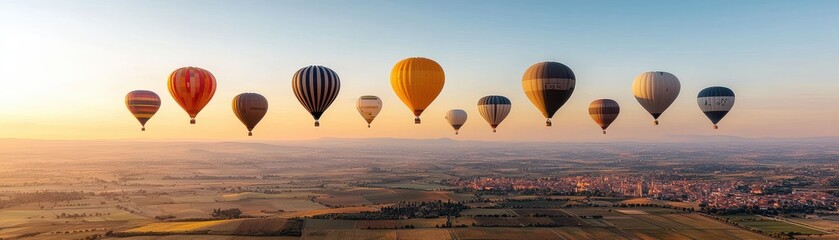 Obraz premium Dozens of Colorful Hot Air Balloons Floating in the Sky Over a Picturesque Countryside Landscape During a Vibrant Festival