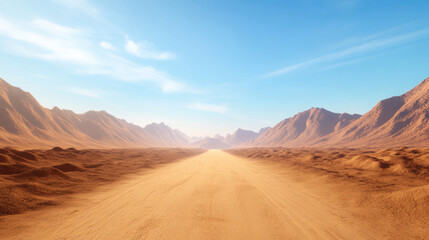 desert highway stretches into distance, flanked by majestic mountains under clear blue sky. vast landscape evokes sense of adventure and tranquility