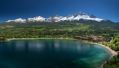 Stunning aerial view of a serene lake nestled in a mountain valley, showcasing a picturesque resort and snow-capped peaks under a vibrant blue sky.