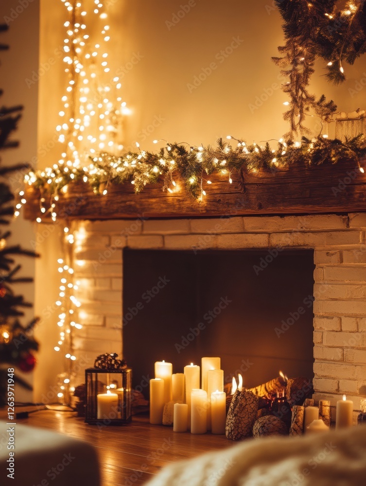 Aufkleber cozy fireplace decorated with candles and lights creating a warm atmosphere during winter evenings. 