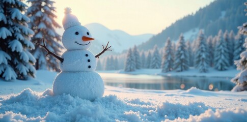 Obraz premium Frosty snowman standing tall amidst snowy landscape with pine trees and frozen lake , frosty, winter, landscape