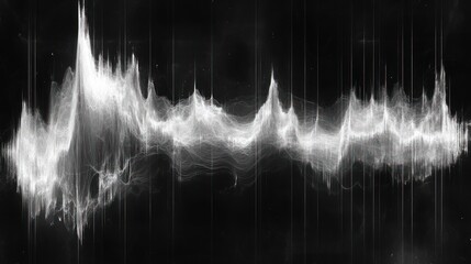 Abstract white audio wave form on black, digital background, music visualization, design element