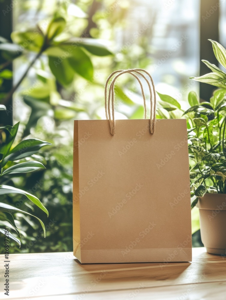 Poster eco friendly paper bag positioned against vibrant green plants in a natural setting for blank text i