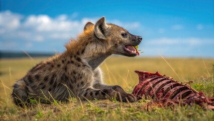 Obraz premium Little Hyena Enjoying a Zebra Snack in the Wild - Captivating Wildlife Food Photography, Hyena Eating, African Savanna, Nature, Animal Behavior, Predator and Prey Dynamics, Wild Animals