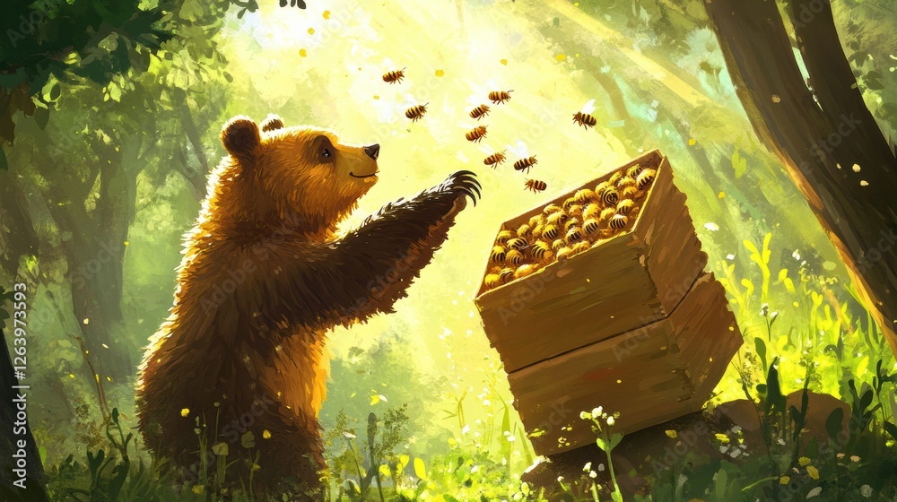 Poster Cute bear interacts with bees in a sunlit forest during a serene afternoon. Generative AI