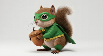 Fototapeta premium Adorable Baby Squirrel in Green Superhero Outfit Holding Acorn