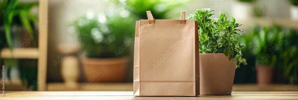 Poster eco friendly paper bag placed beside a potted plant in a natural indoor setting with greenery in the