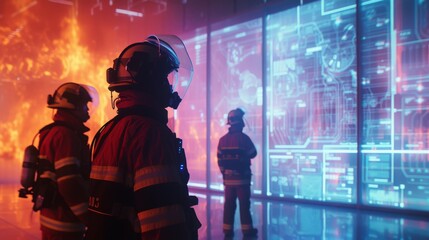 Firefighters in high-tech gear assess digital screens while flames rage behind them. A dramatic scene of technology and emergency response in a futuristic setting. AI generated.