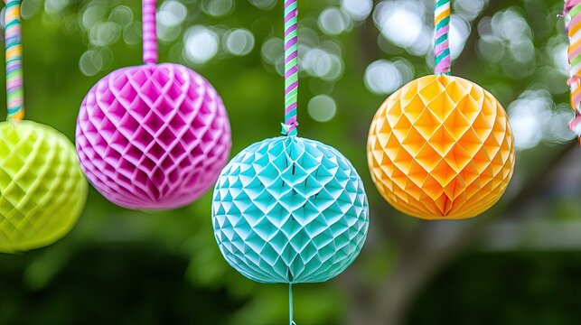 Colorful honeycomb decorations hanging outdoors in a garden setting, vibrant atmosphere