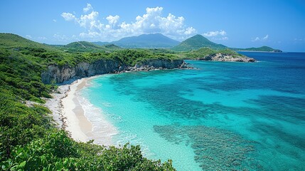 Fototapeta premium Serene tropical beach with clear turquoise waters, lush greenery, and distant mountains under blue sky