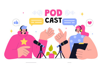 Podcast Vector Illustration featuring People Using Headsets to Record Audio, a Host Interviewing a Guest, or an Online Show with a Microphone