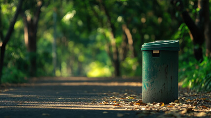 green metal trash bin stands alone on path surrounded by lush greenery, inviting visitors to keep park clean and enjoy nature beauty